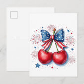 Invitation Carte Postale Cerises avec Coquette Bow 4 juillet Américain (Devant / Derrière)
