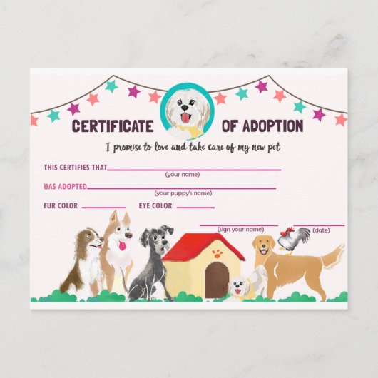 Invitation Carte Postale Certificat d'adoption de marionnettes pour un anim (Devant)