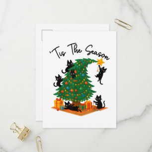 Invitation Carte Postale C'est la saison Arbre de Noël Chat noir mignon