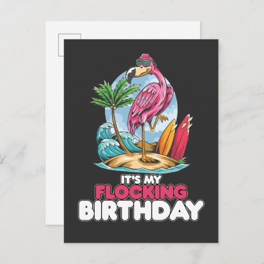 Invitation Carte Postale C'est mon anniversaire de troupe flamant rose (Devant / Derrière)