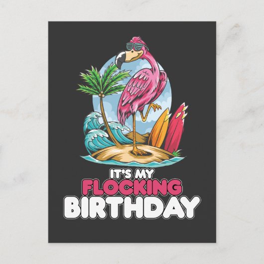Invitation Carte Postale C'est mon anniversaire de troupe flamant rose (Devant)
