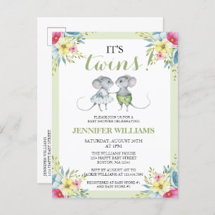 Invitation Carte Postale C'est Twins Green Floral Boy & Girl Baby shower