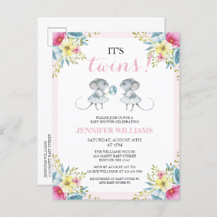 Invitation Carte Postale C'est Twins Rose Floral Girl Twins Baby shower