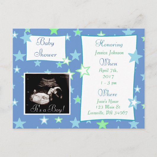 Invitation Carte Postale C'est un garçon, Ultrasound Pic Baby shower Invita (Devant)