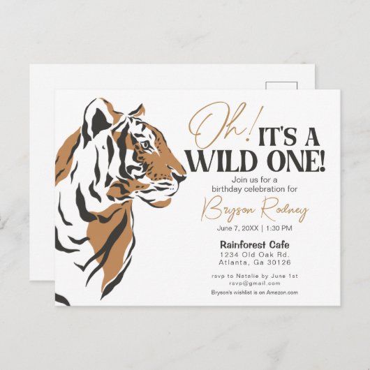 Invitation Carte Postale C'est un sauvage tigre jungle premier anniversaire (Devant / Derrière)