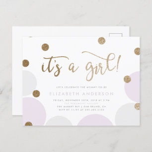 Invitation Carte Postale C'est une fille !   Purple & Gold Confetti Baby sh