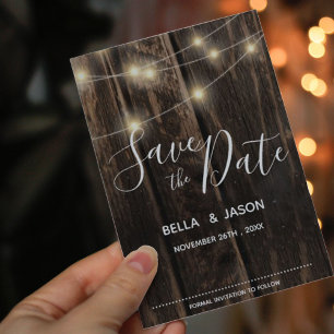 Invitation Carte Postale Chaîne Rustique Bois Éclairage Mariage Enregistrer