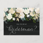 Invitation Carte Postale Chalkboard Pale Peonies Vous Serez Mon Époux<br><div class="desc">Chalkboard Pale Peonies Vous Serez Ma Carte Bridesman | Demandez à vos amis et à votre famille de faire partie de votre mariage avec cette carte florale "Will You Be My Bridesman" avec des pivoines à l'aquarelle avec des accents de feuille d'or et de parties scintillant d'or avec un arrière...</div>