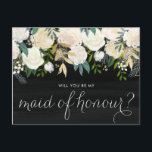 Invitation Carte Postale Chalkboard Peonies Serez-vous ma femme d'honneur<br><div class="desc">Demandez à vos amis et à votre famille de faire partie de votre mariage avec cette carte florale "Will You Be My Maid of Honor" qui présente des pivoines à l'aquarelle avec feuille d'or et des accents de parties scintillant d'or avec arrière - plan en faux tableau. Des éléments correspondants...</div>