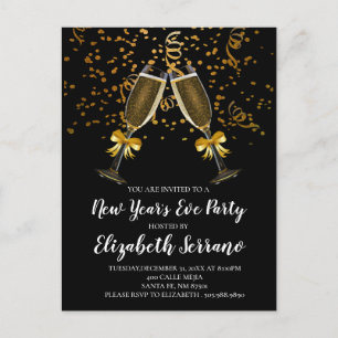 Invitation Carte Postale Champagne de la fête de la Saint-Sylvestre Verres 