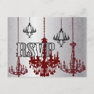Invitation Carte Postale Chandelier noir Argent rouge RSVP PostCard
