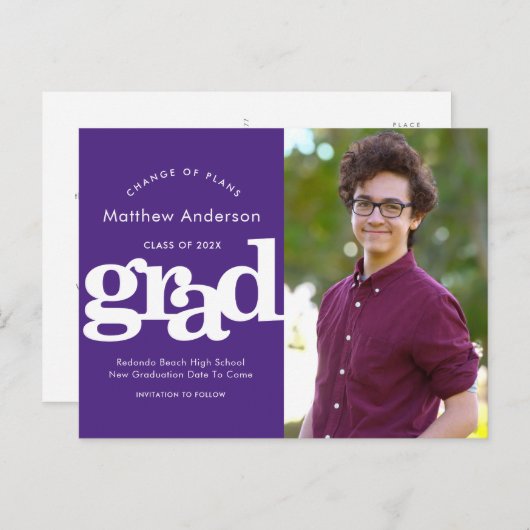 Invitation Carte Postale Changement de graduation violet des plans typograp (Devant / Derrière)