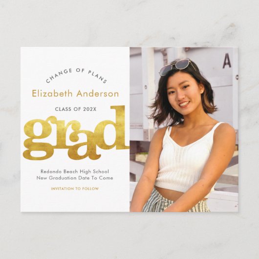 Invitation Carte Postale Changement de plan graduation audacieuse typograph (Devant)