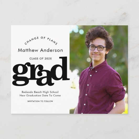 Invitation Carte Postale Changement de plan graduation noir gras typographi (Devant)