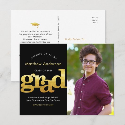 Invitation Carte Postale Changement de plans remise de diplômes typographie (Devant / Derrière)
