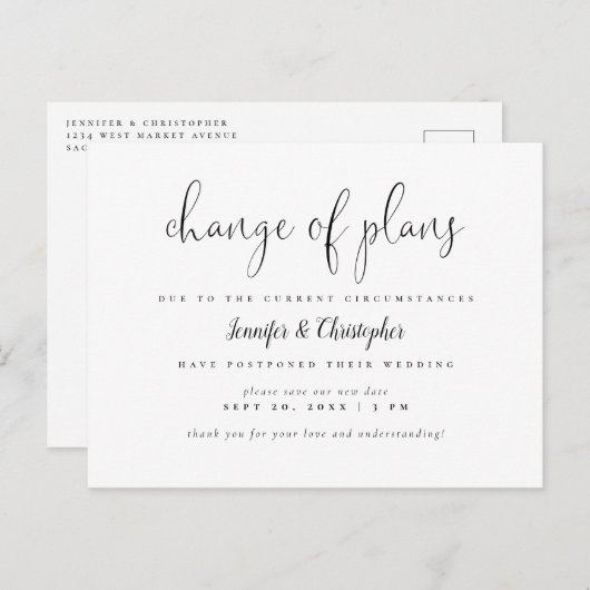 Invitation Carte Postale Changement Simple De Plans Script Mariage Report (Devant / Derrière)