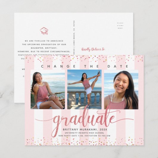 Invitation Carte Postale Changer la date rose or script graduation photo ch (Devant / Derrière)