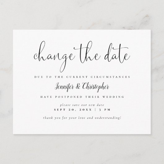 Invitation Carte Postale Changer la date Script N&B Report de mariage (Devant)