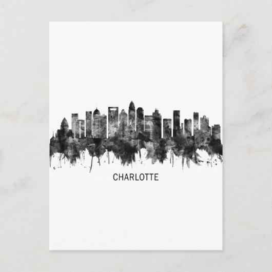 Invitation Carte Postale Charlotte North Carolina Skyline BW (Devant)