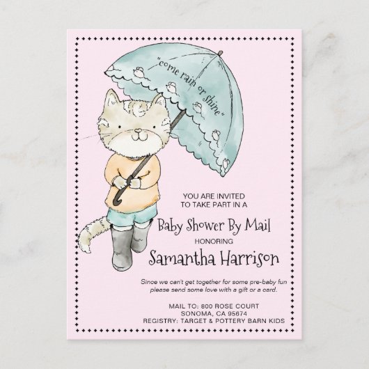 Invitation Carte Postale Chat Aquarelle Avec Baby shower Parapluie Par Mail (Devant)
