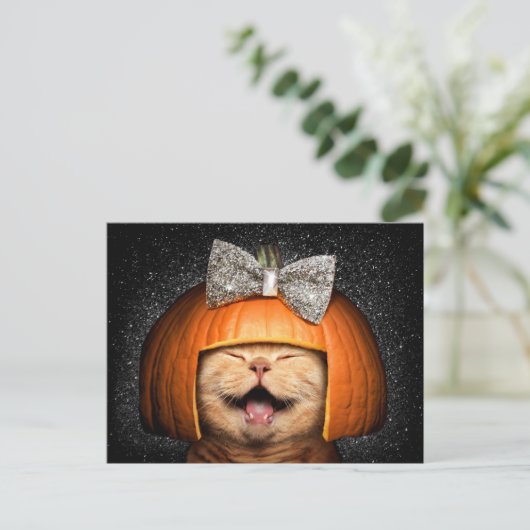 Invitation Carte Postale Chat avec des cheveux de citrouille (Debout devant)