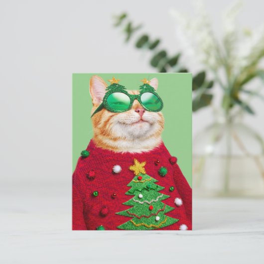 Invitation Carte Postale Chat dans un pull de Noël laid (Debout devant)