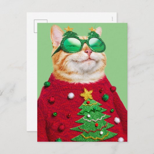 Invitation Carte Postale Chat dans un pull de Noël moche (Devant / Derrière)
