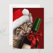 Invitation Carte Postale Chat de Noël avec bouteille de vin (Devant / Derrière)