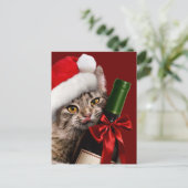 Invitation Carte Postale Chat de Noël avec bouteille de vin (Debout devant)