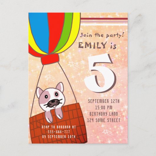 Invitation Carte Postale Chat mignon dans air chaud Parties scintillant de (Devant)