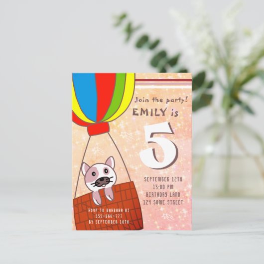 Invitation Carte Postale Chat mignon dans air chaud Parties scintillant de (Debout devant)