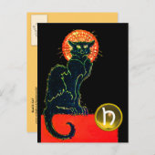 INVITATION CARTE POSTALE CHAT NOIR HALLOWEEN PARTY MONOGRAM (Devant / Derrière)