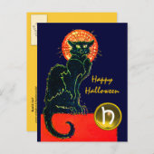 INVITATION CARTE POSTALE CHAT NOIR HALLOWEEN PARTY MONOGRAM (Devant / Derrière)