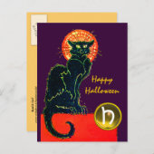 INVITATION CARTE POSTALE CHAT NOIR HALLOWEEN PARTY MONOGRAM (Devant / Derrière)