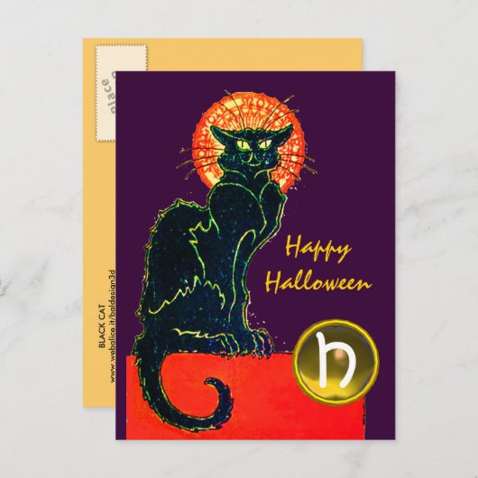 INVITATION CARTE POSTALE CHAT NOIR HALLOWEEN PARTY MONOGRAM (Devant / Derrière)