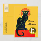 INVITATION CARTE POSTALE CHAT NOIR HALLOWEEN PARTY MONOGRAM (Devant / Derrière)