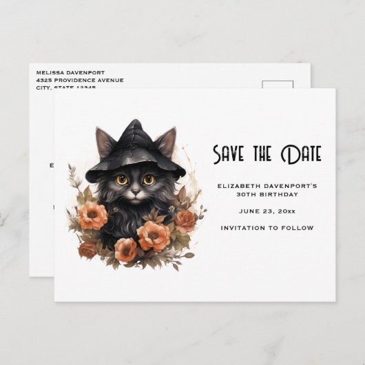 Invitation Carte Postale Chat noir mignon dans un Casquette de sorcière Enr (Devant / Derrière)