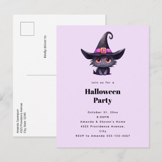 Invitation Carte Postale Chat noir mignon dans une fête d'Halloween Casquet (Devant / Derrière)