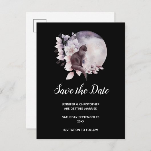 Invitation Carte Postale Chat noir par une Pleine lune magique Enregistrer (Devant / Derrière)