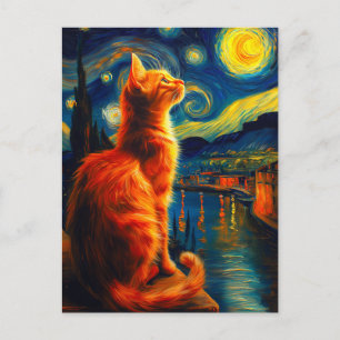Invitation Carte Postale Chat roux contemplatif Ciel nocturne étoilé