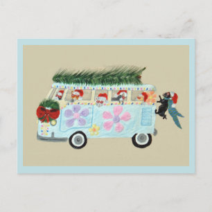 Invitation Carte Postale Chats fous dans leur van hippie de Noël