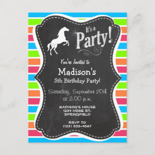 Invitation Carte Postale Cheval; Neon Orange Rose Bleu Vert Grandes