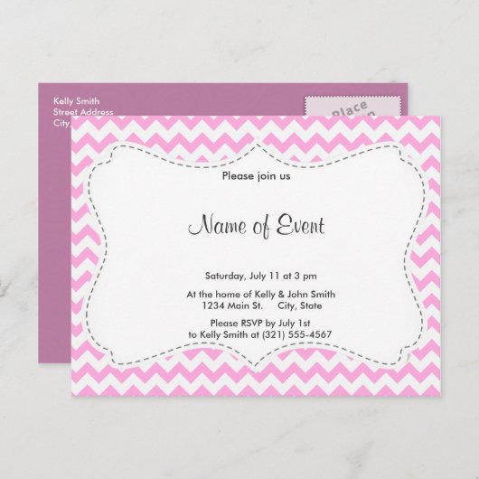 Invitation Carte Postale Chevron rose (Devant / Derrière)