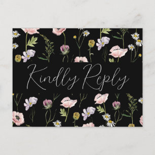 Invitation Carte Postale Chic Black Flower Boho Garden Mariage RSVP