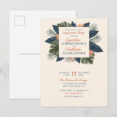 Invitation Carte Postale Chic Bleu Tropical Feuilles de l'engagement unique (Devant / Derrière)