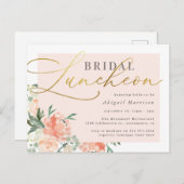 Invitation Carte Postale Chic Blush & Gold Script Floral Bridal Luncheon (Devant / Derrière)