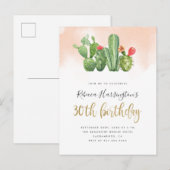 Invitation Carte Postale Chic Blush Watercolor & Cactus 30e anniversaire (Devant / Derrière)