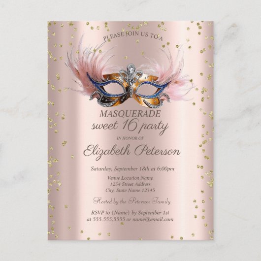Invitation Carte Postale Chic Diamonds Rose Gold Masquerade Sweet 16   (Devant)