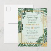 Invitation Carte Postale Chic Green Tropical Feuille Moderne Surprise Party (Devant / Derrière)