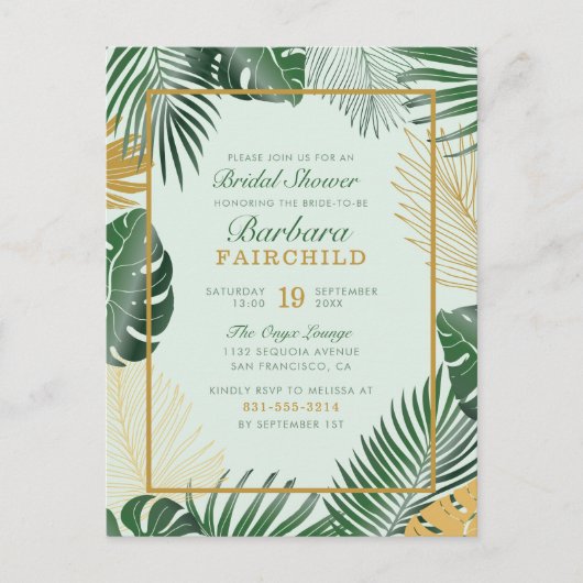 Invitation Carte Postale Chic Green Tropical Feuilles Fête des mariées tend (Devant)